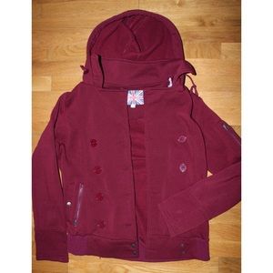 red pea coat hooded jacket - zipper and button up